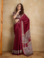 Monjolika Fashion Maroon Printed Satin Saree | Grocsy