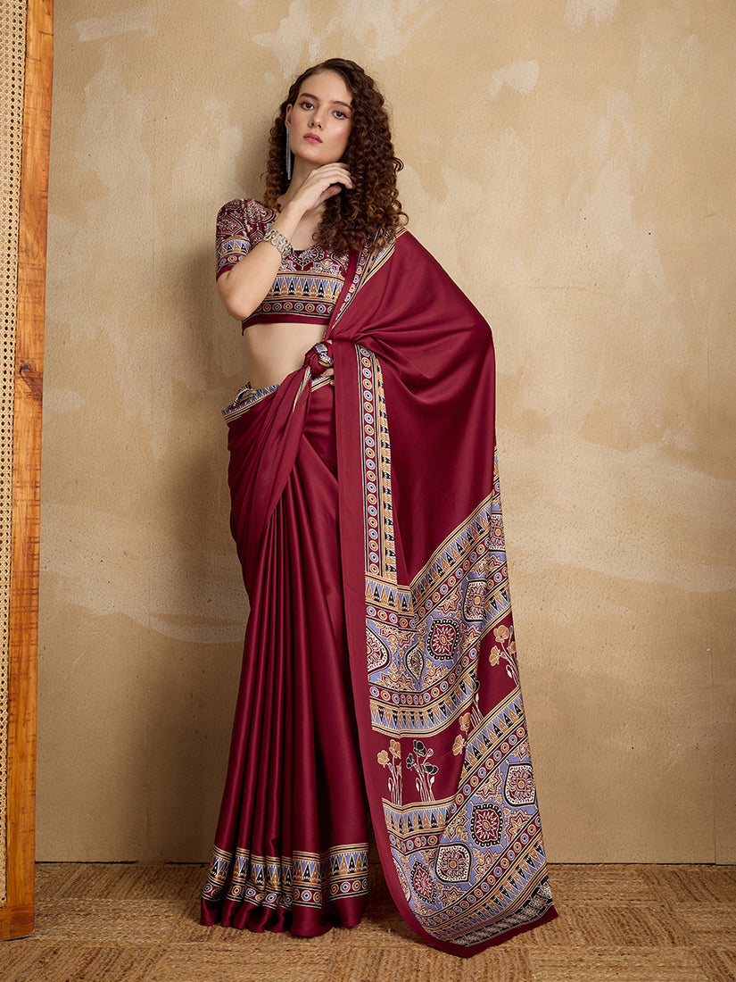 Monjolika Fashion Maroon Printed Satin Saree | Grocsy