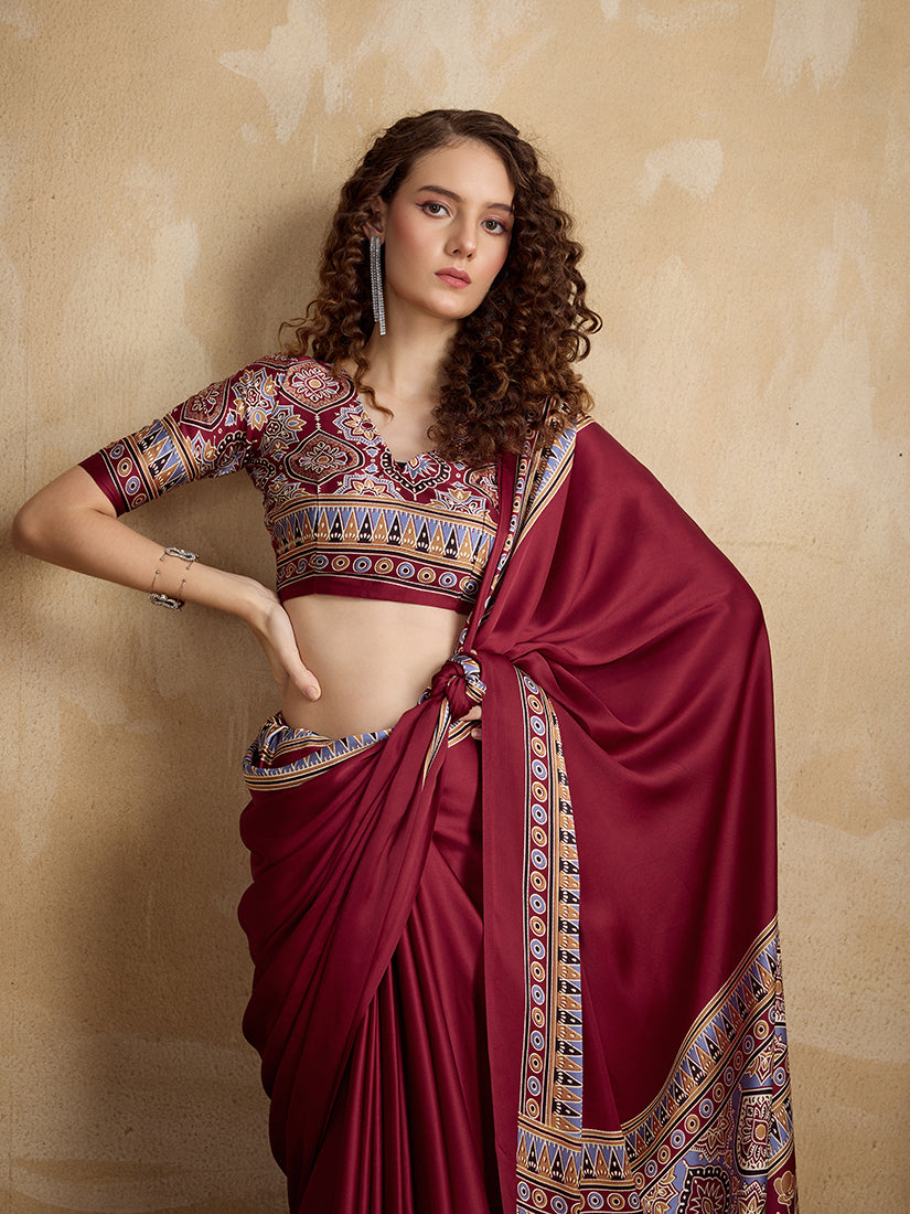 Monjolika Fashion Maroon Printed Satin Saree | Grocsy
