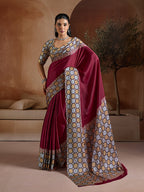 Monjolika Fashion Burgundy Printed Satin Saree | Grocsy