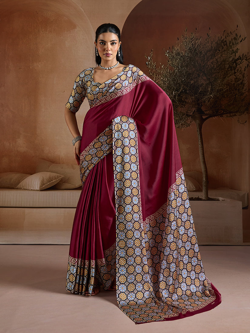 Monjolika Fashion Burgundy Printed Satin Saree | Grocsy
