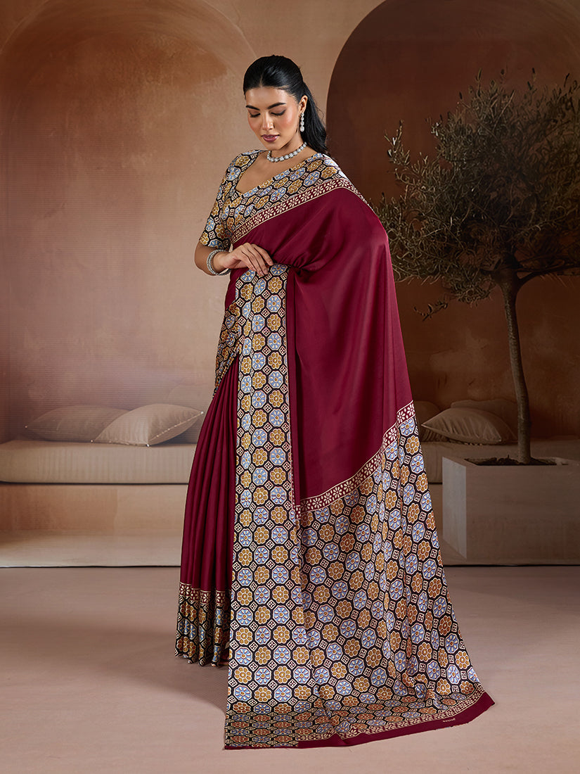 Monjolika Fashion Burgundy Printed Satin Saree | Grocsy