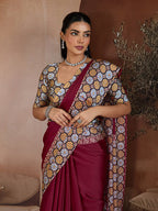 Monjolika Fashion Burgundy Printed Satin Saree | Grocsy