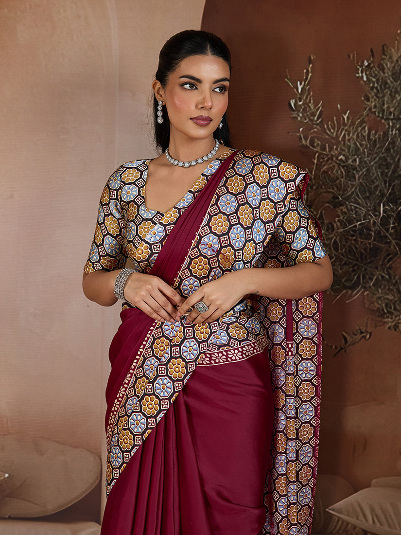 Monjolika Fashion Burgundy Printed Satin Saree | Grocsy