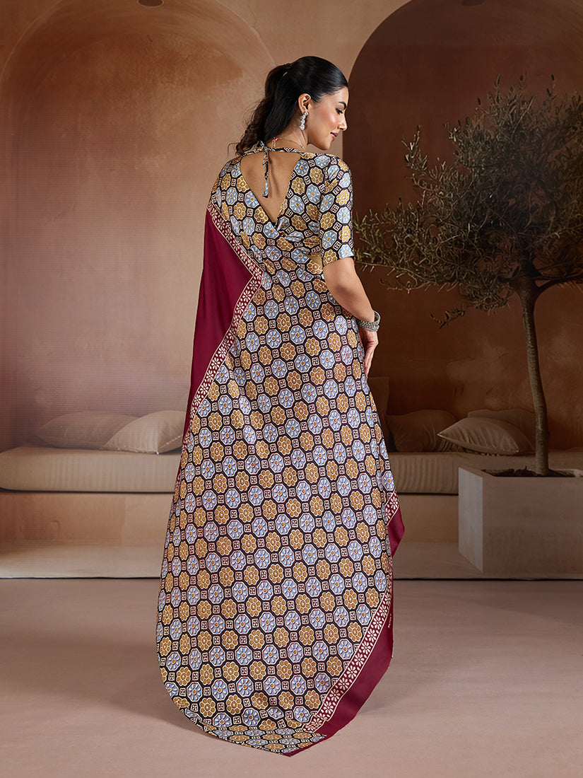 Monjolika Fashion Burgundy Printed Satin Saree | Grocsy