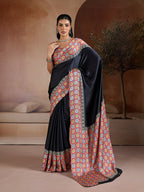 Monjolika Fashion Black Printed Satin Saree | Grocsy