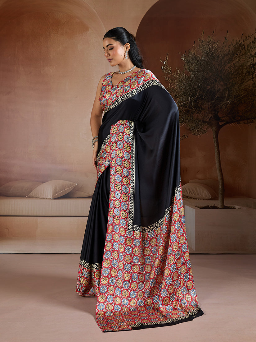 Monjolika Fashion Black Printed Satin Saree | Grocsy