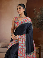 Monjolika Fashion Black Printed Satin Saree | Grocsy