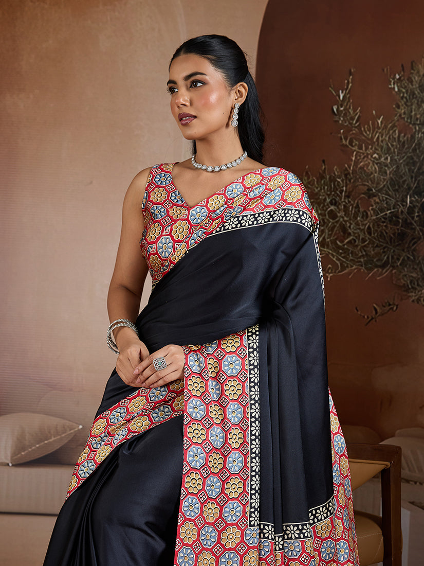 Monjolika Fashion Black Printed Satin Saree | Grocsy