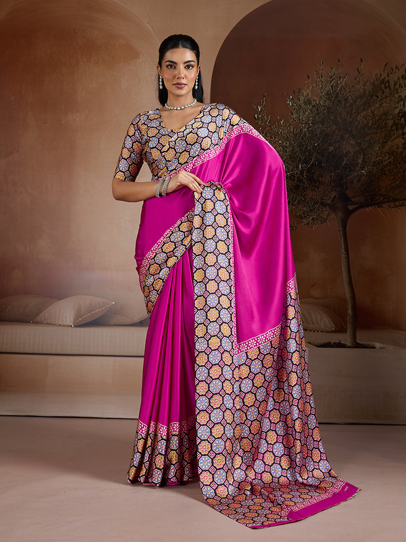 Monjolika Fashion Magenta Printed Satin Saree | Grocsy