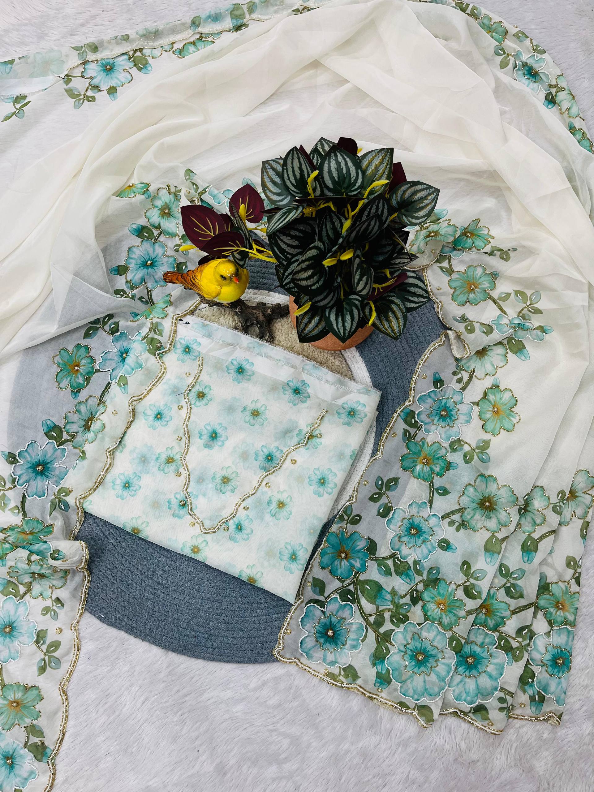 Evanik Soft Crystal Organza With Floral Print With Pearls And Pipe Hand Work Saree With Unstitched Blouse | Grocsy