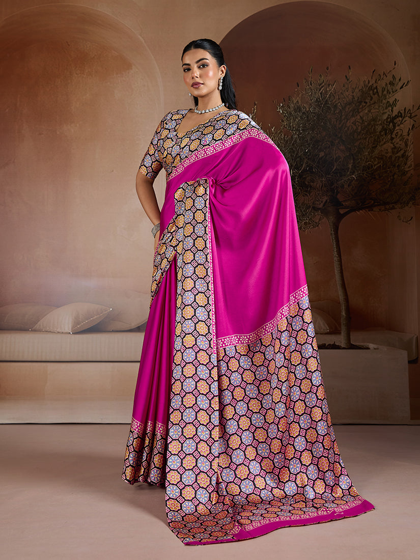 Monjolika Fashion Magenta Printed Satin Saree | Grocsy