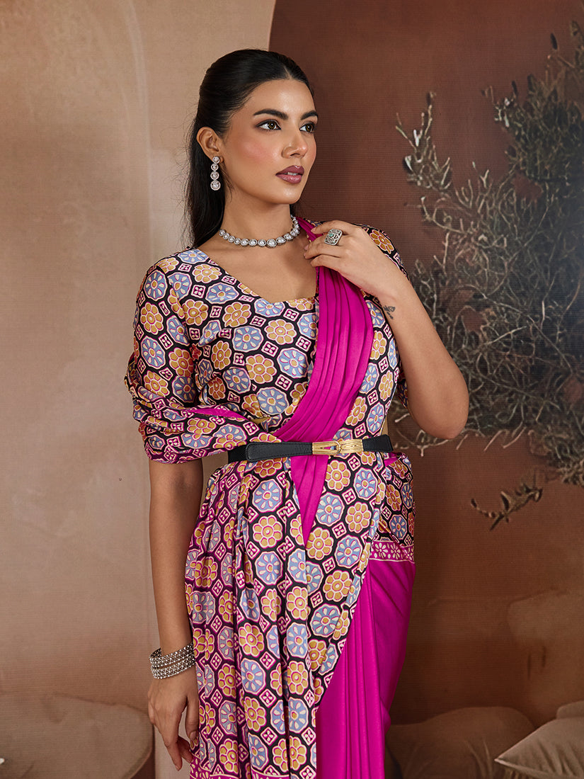 Monjolika Fashion Magenta Printed Satin Saree | Grocsy
