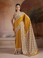 Monjolika Fashion Mustard Printed Satin Saree | Grocsy