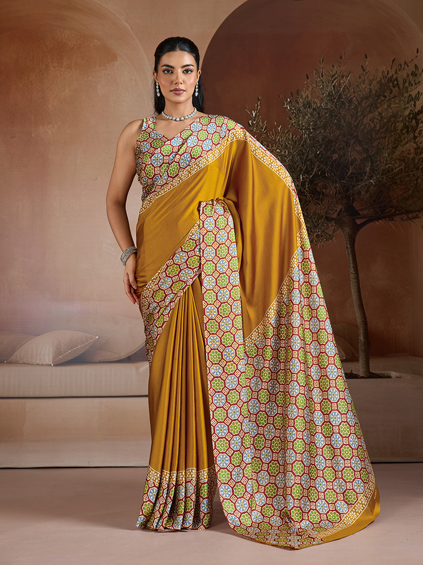 Monjolika Fashion Mustard Printed Satin Saree | Grocsy