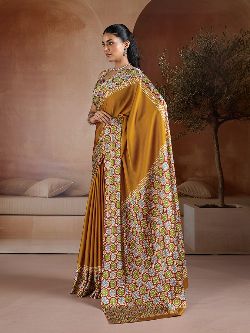 Monjolika Fashion Mustard Printed Satin Saree | Grocsy