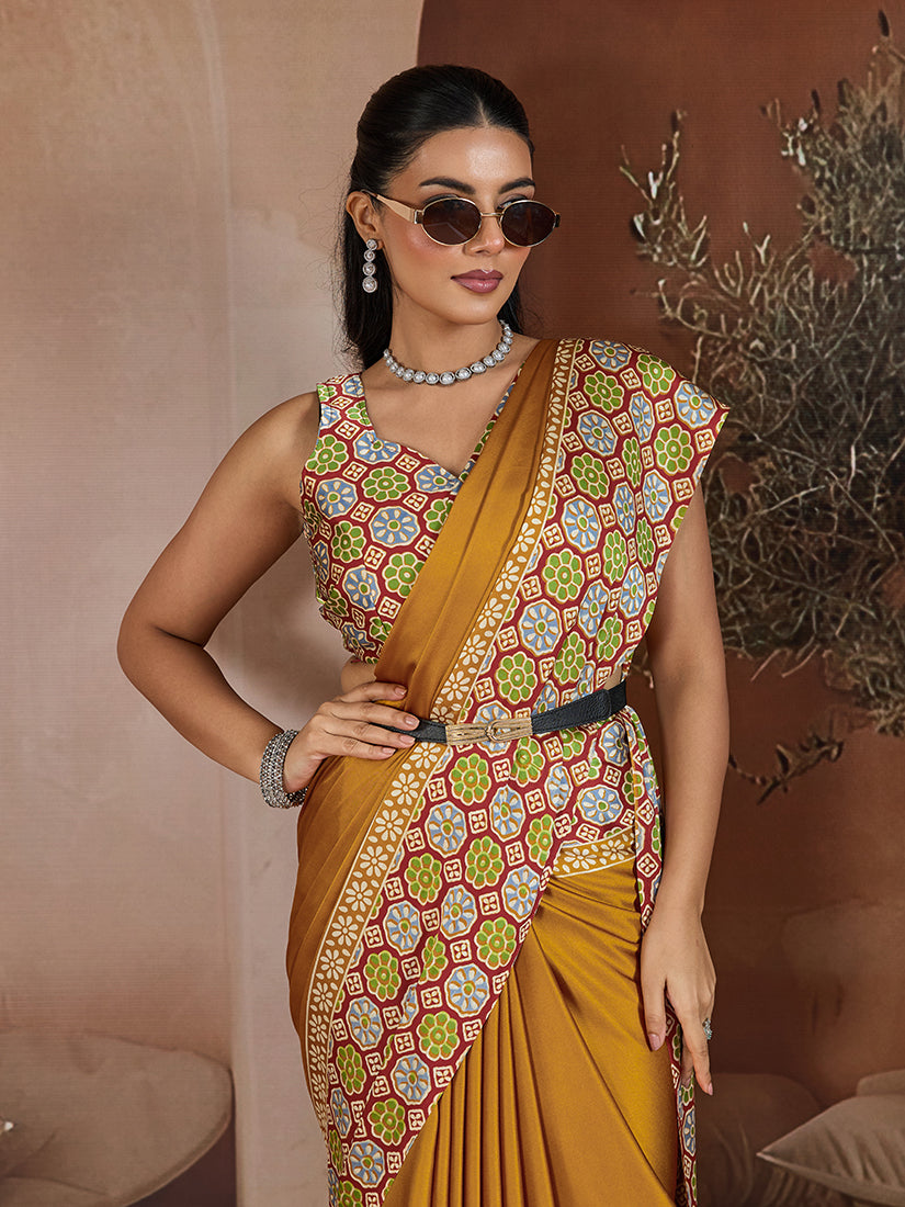 Monjolika Fashion Mustard Printed Satin Saree | Grocsy
