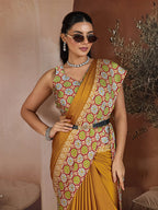 Monjolika Fashion Mustard Printed Satin Saree | Grocsy