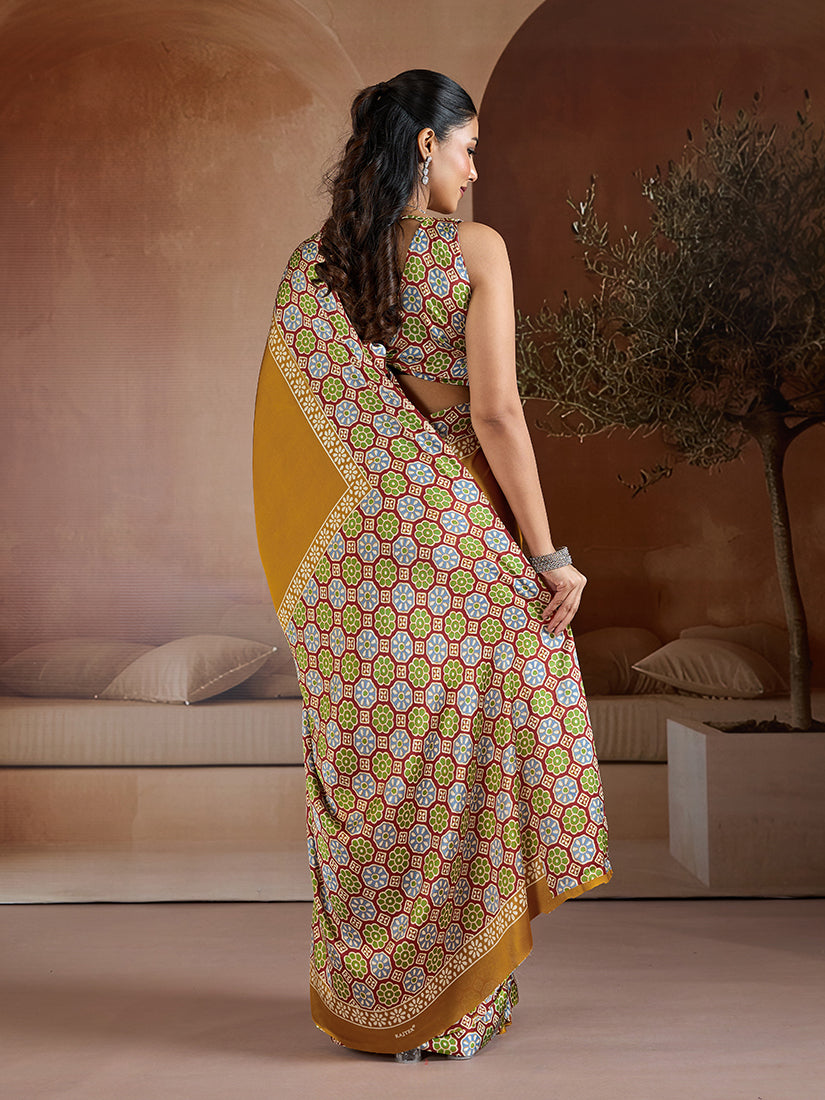 Monjolika Fashion Mustard Printed Satin Saree | Grocsy