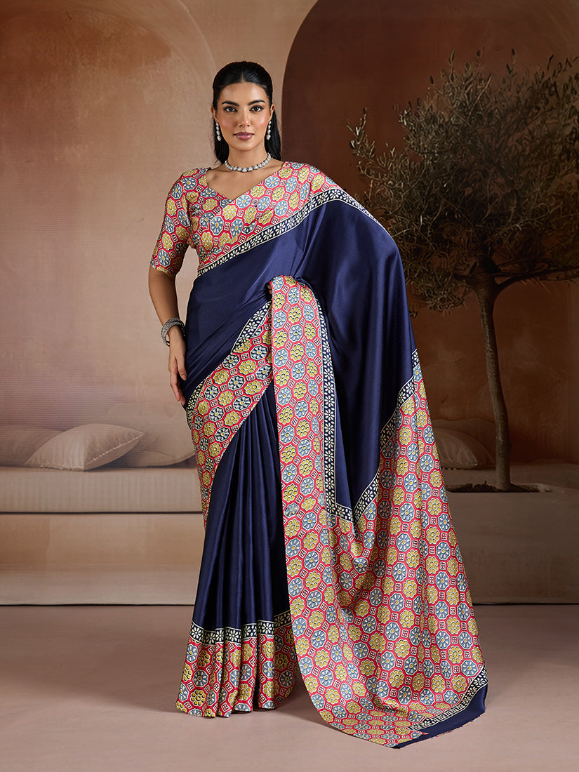 Monjolika Fashion Navy Blue Printed Satin Saree | Grocsy