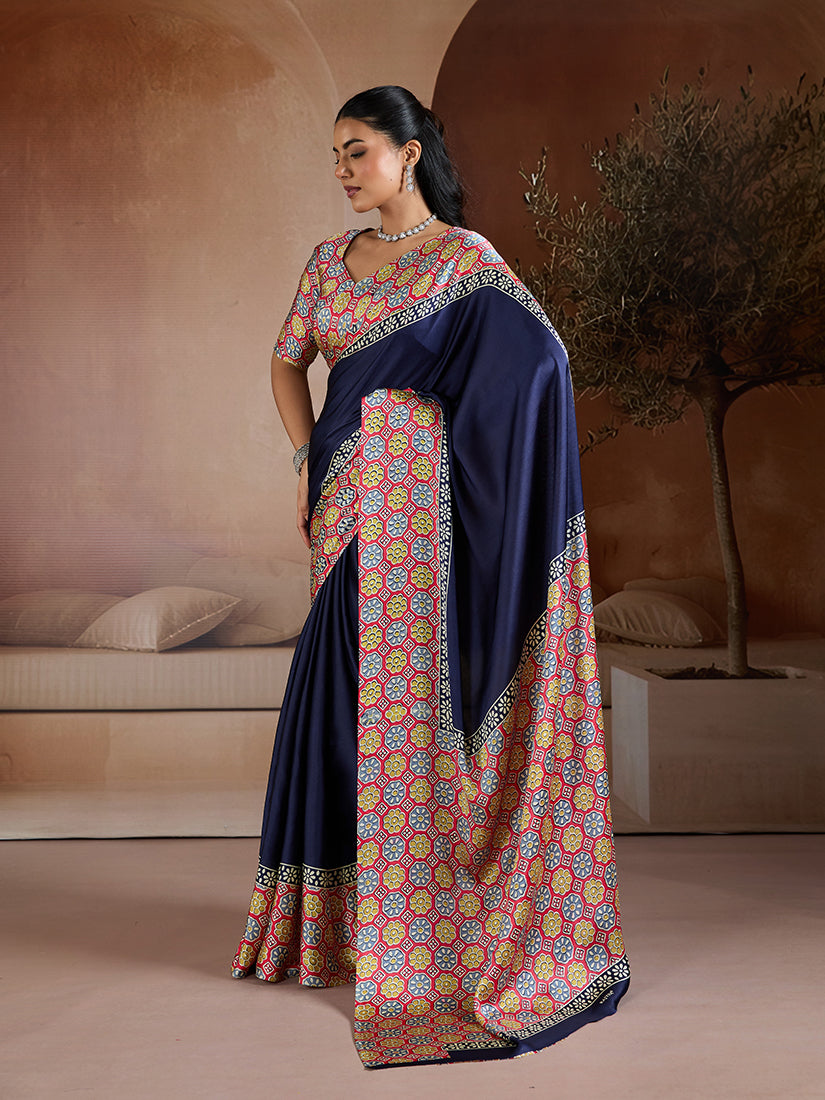 Monjolika Fashion Navy Blue Printed Satin Saree | Grocsy