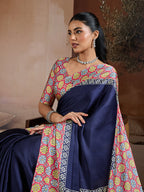 Monjolika Fashion Navy Blue Printed Satin Saree | Grocsy