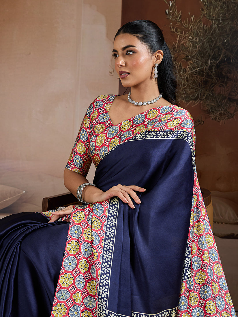 Monjolika Fashion Navy Blue Printed Satin Saree | Grocsy