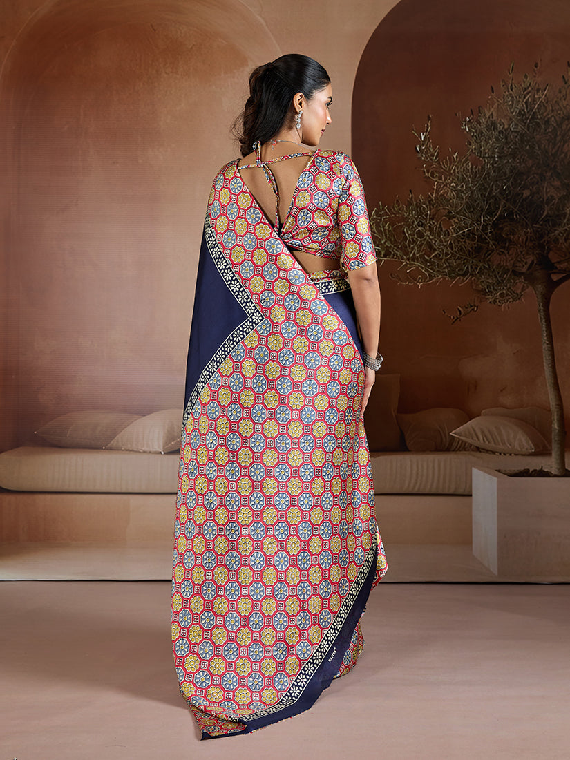 Monjolika Fashion Navy Blue Printed Satin Saree | Grocsy