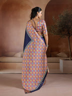 Monjolika Fashion Navy Blue Printed Satin Saree | Grocsy