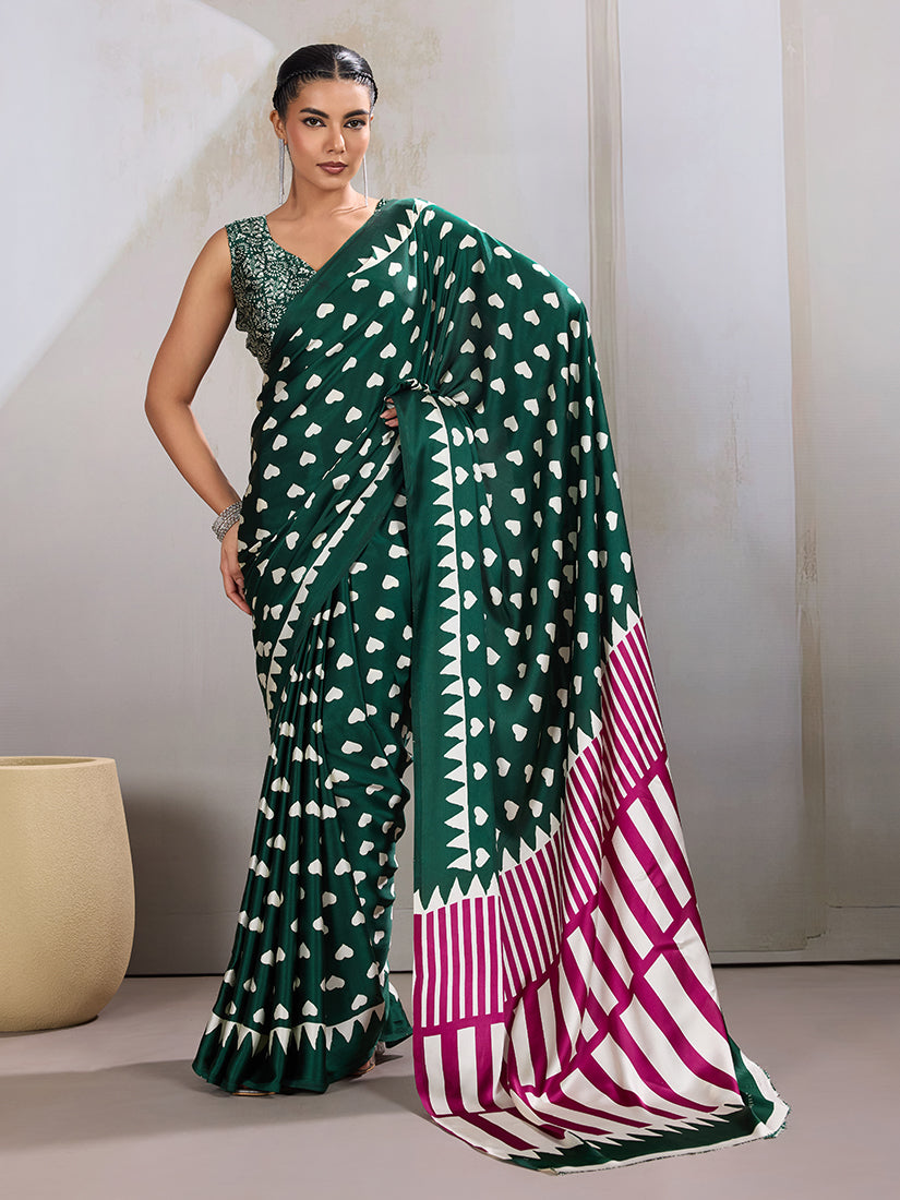 Monjolika Fashion Dark Green Printed Satin Saree | Grocsy