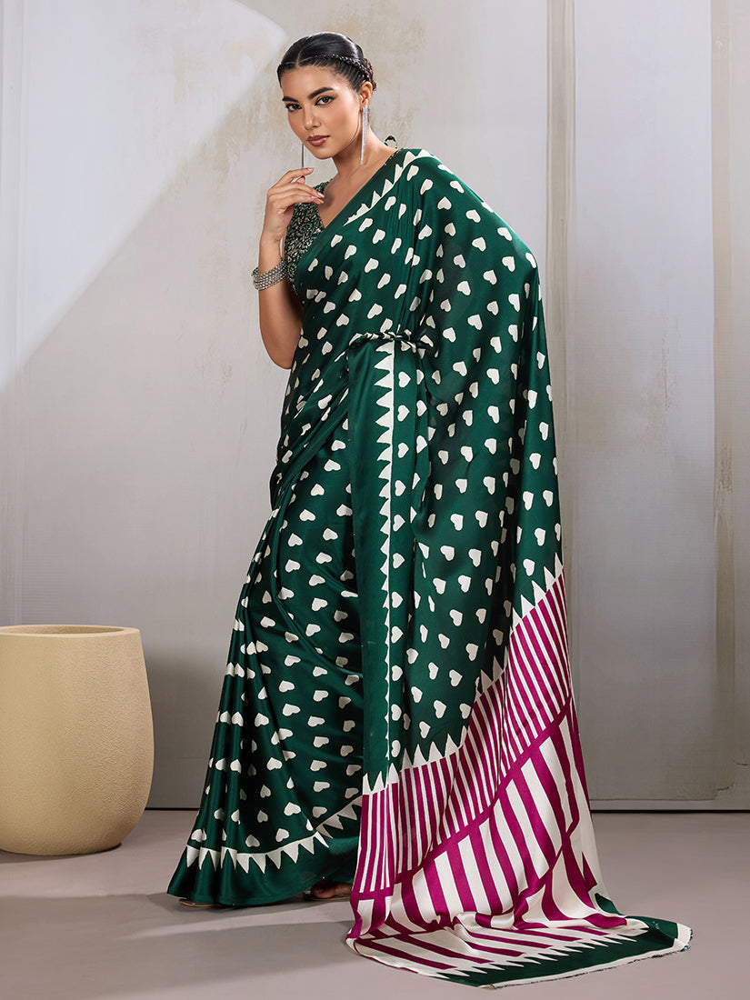 Monjolika Fashion Dark Green Printed Satin Saree | Grocsy