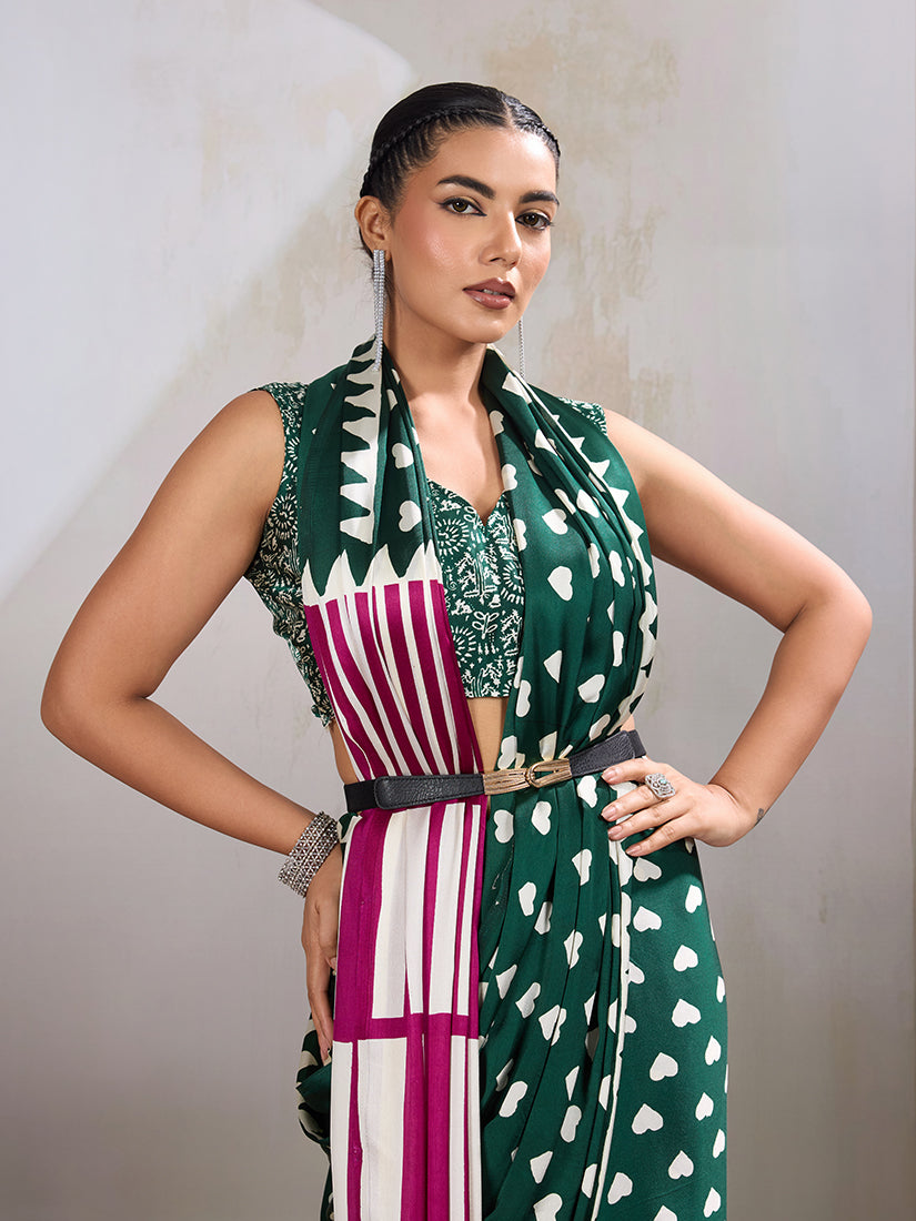 Monjolika Fashion Dark Green Printed Satin Saree | Grocsy