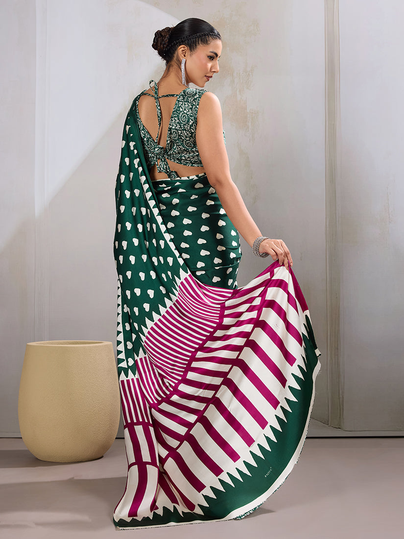 Monjolika Fashion Dark Green Printed Satin Saree | Grocsy