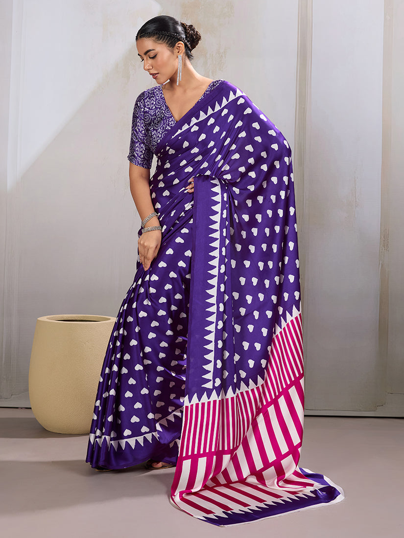 Monjolika Fashion Violet Printed Satin Saree | Grocsy