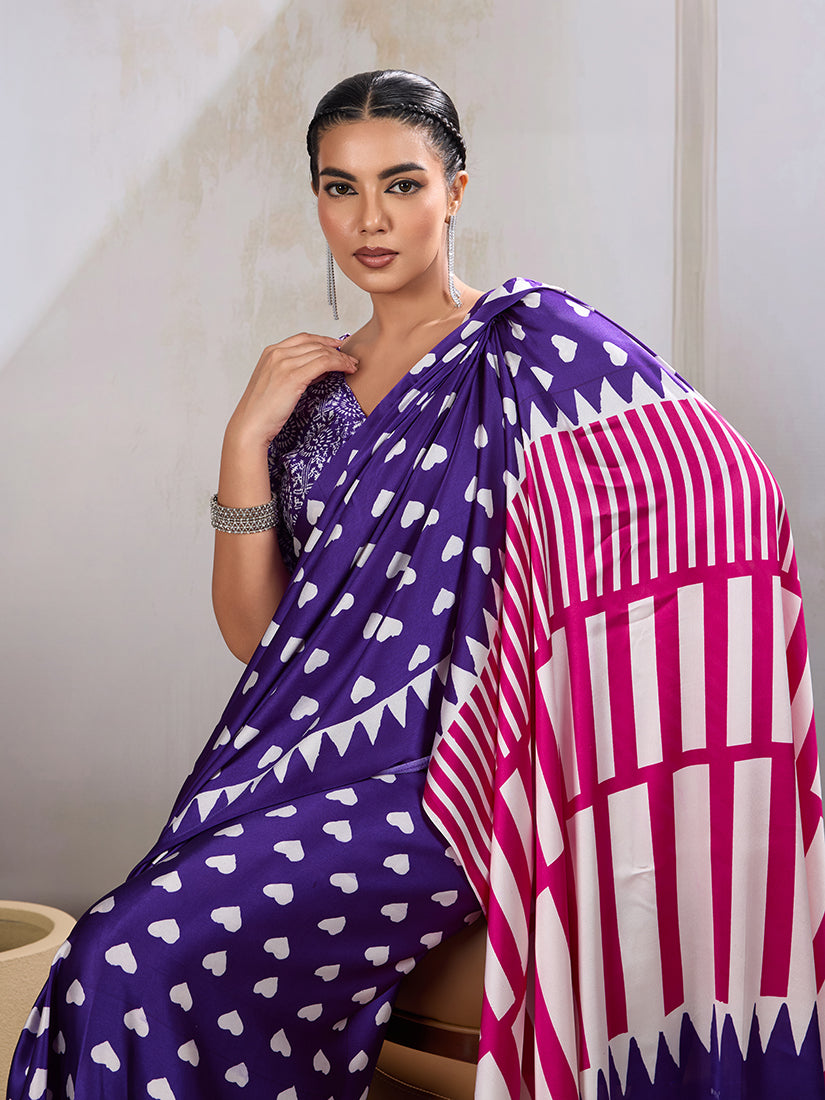 Monjolika Fashion Violet Printed Satin Saree | Grocsy