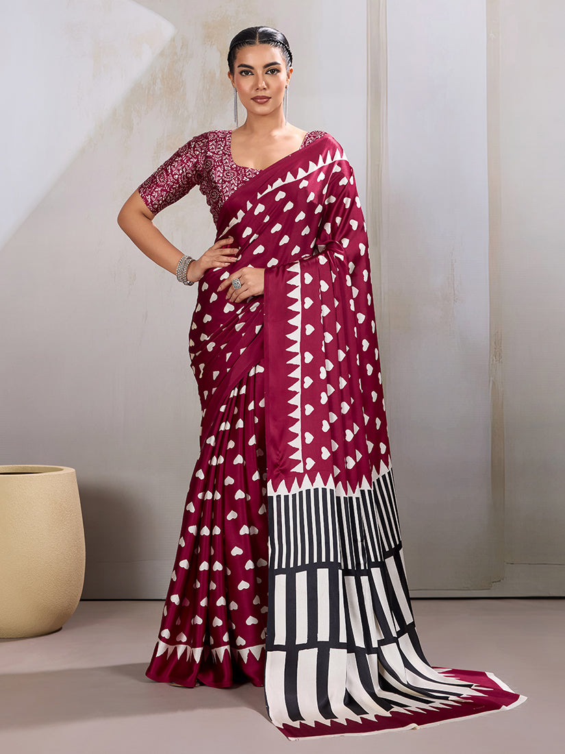 Monjolika Fashion Maroon Printed Satin Saree | Grocsy