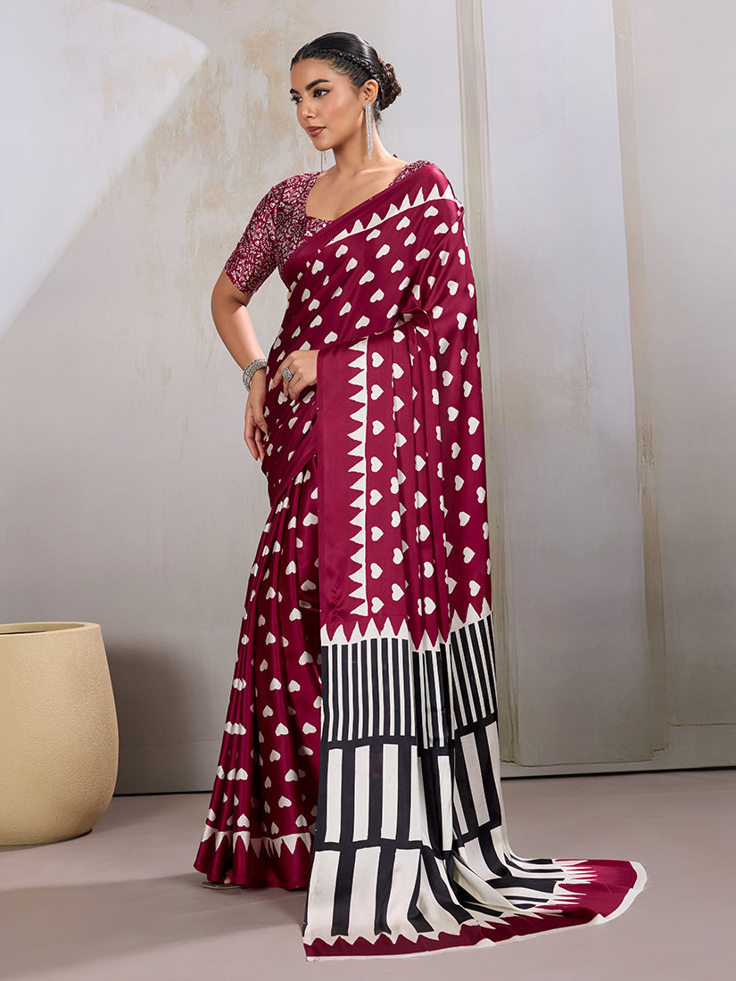 Monjolika Fashion Maroon Printed Satin Saree | Grocsy