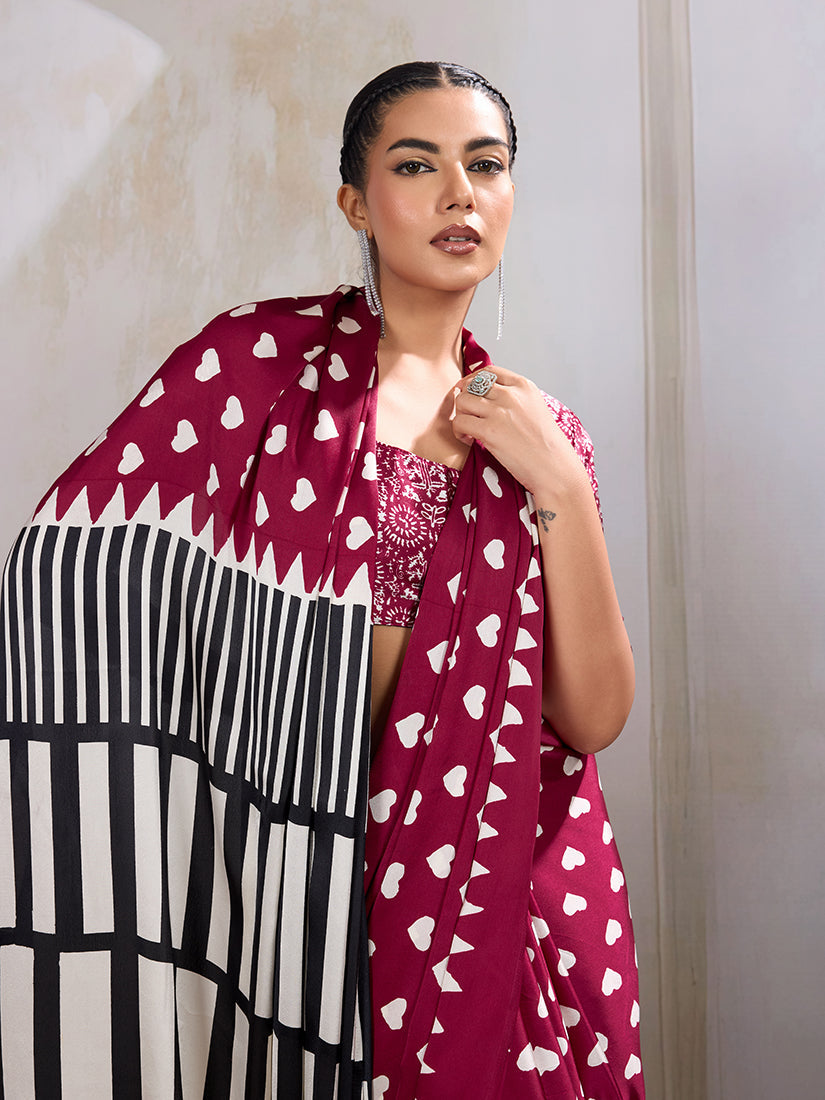 Monjolika Fashion Maroon Printed Satin Saree | Grocsy