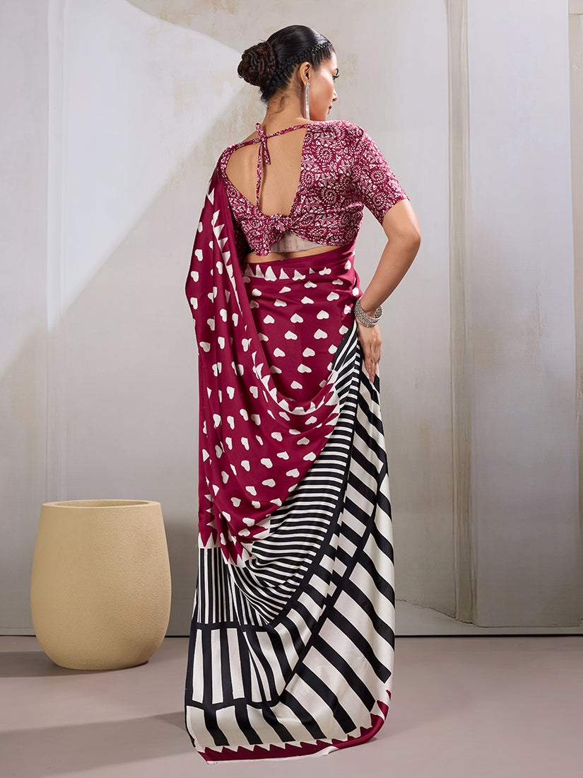 Monjolika Fashion Maroon Printed Satin Saree | Grocsy