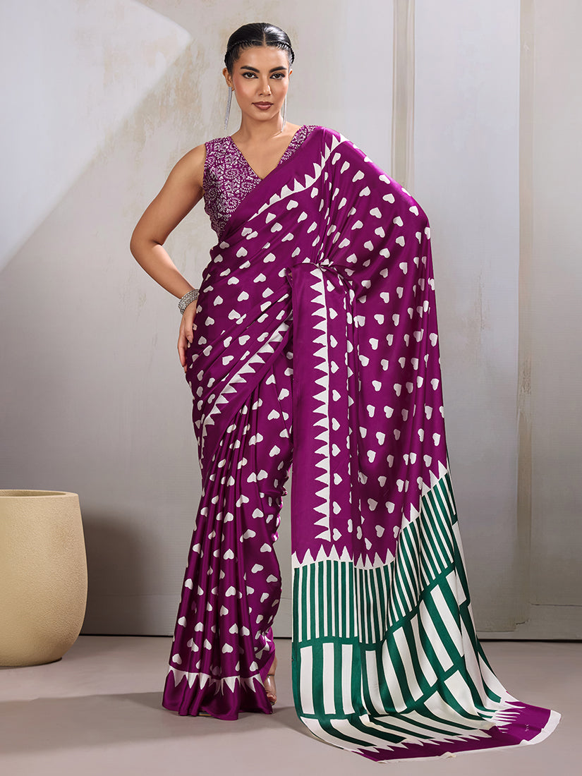 Monjolika Fashion Dark Magenta Printed Satin Saree | Grocsy