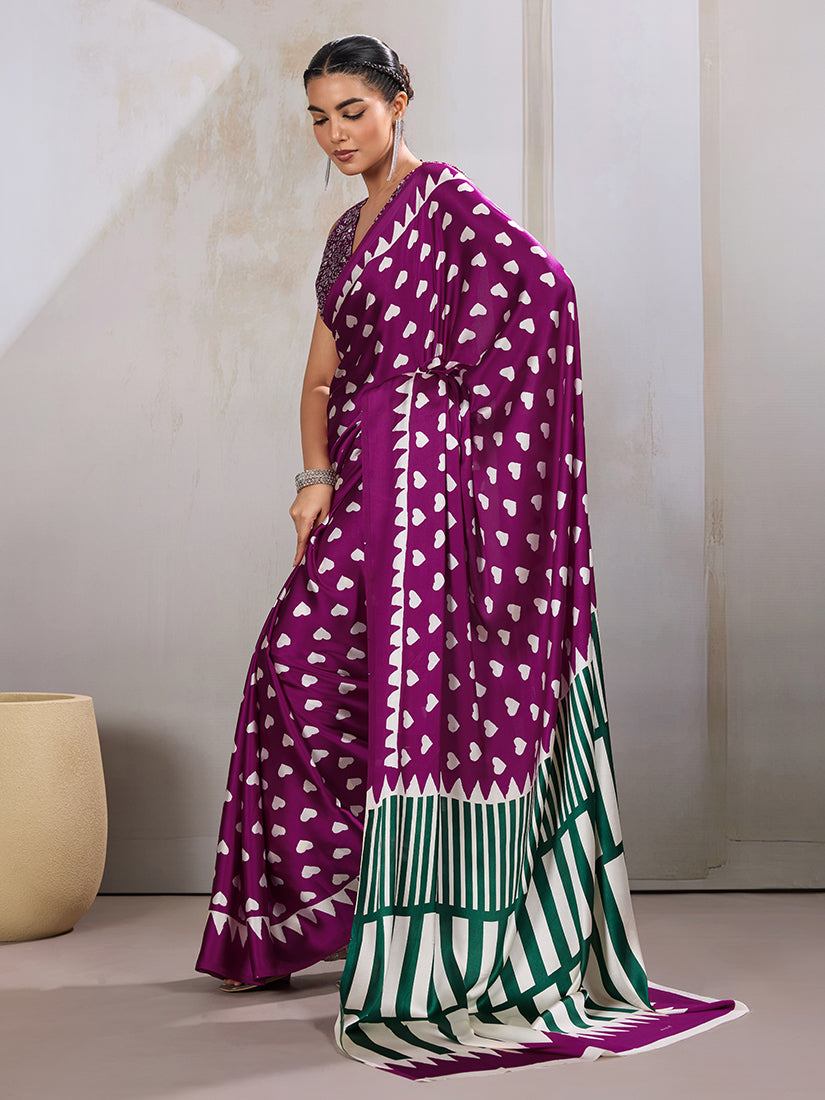 Monjolika Fashion Dark Magenta Printed Satin Saree | Grocsy