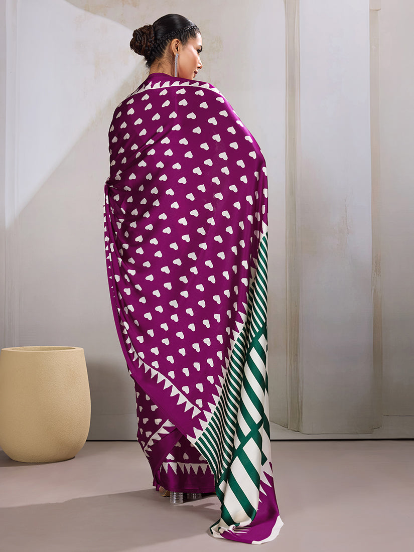 Monjolika Fashion Dark Magenta Printed Satin Saree | Grocsy