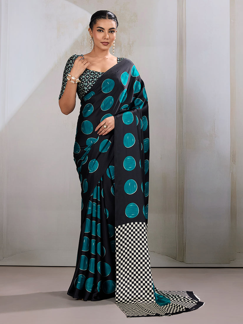 Monjolika Fashion Black & Teal Satin Printed Saree | Grocsy