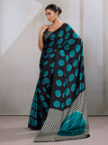 Monjolika Fashion Black & Teal Satin Printed Saree | Grocsy