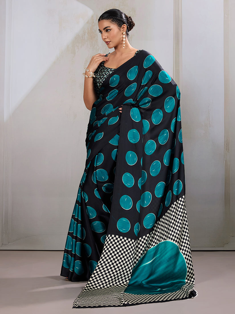 Monjolika Fashion Black & Teal Satin Printed Saree | Grocsy