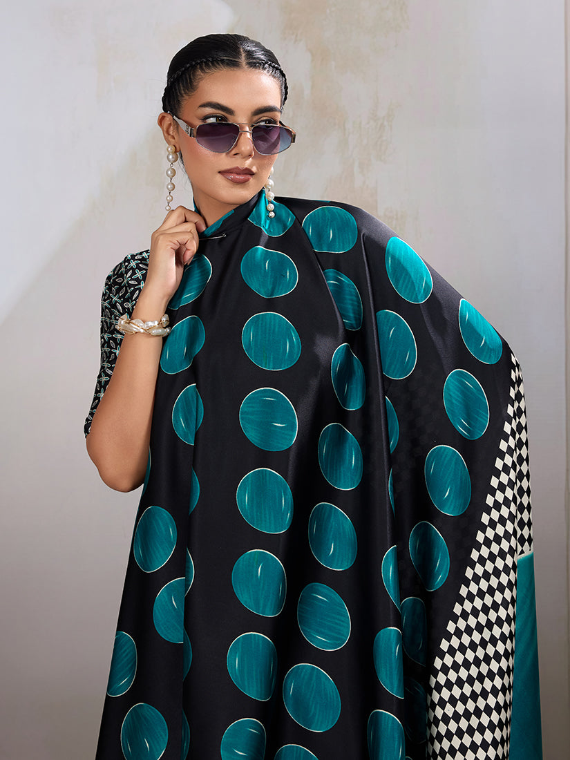 Monjolika Fashion Black & Teal Satin Printed Saree | Grocsy