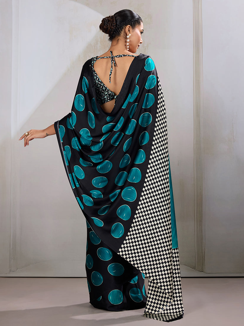 Monjolika Fashion Black & Teal Satin Printed Saree | Grocsy