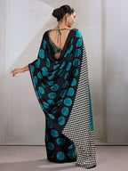 Monjolika Fashion Black & Teal Satin Printed Saree | Grocsy