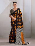 Monjolika Fashion Black & Orange Satin Printed Saree | Grocsy