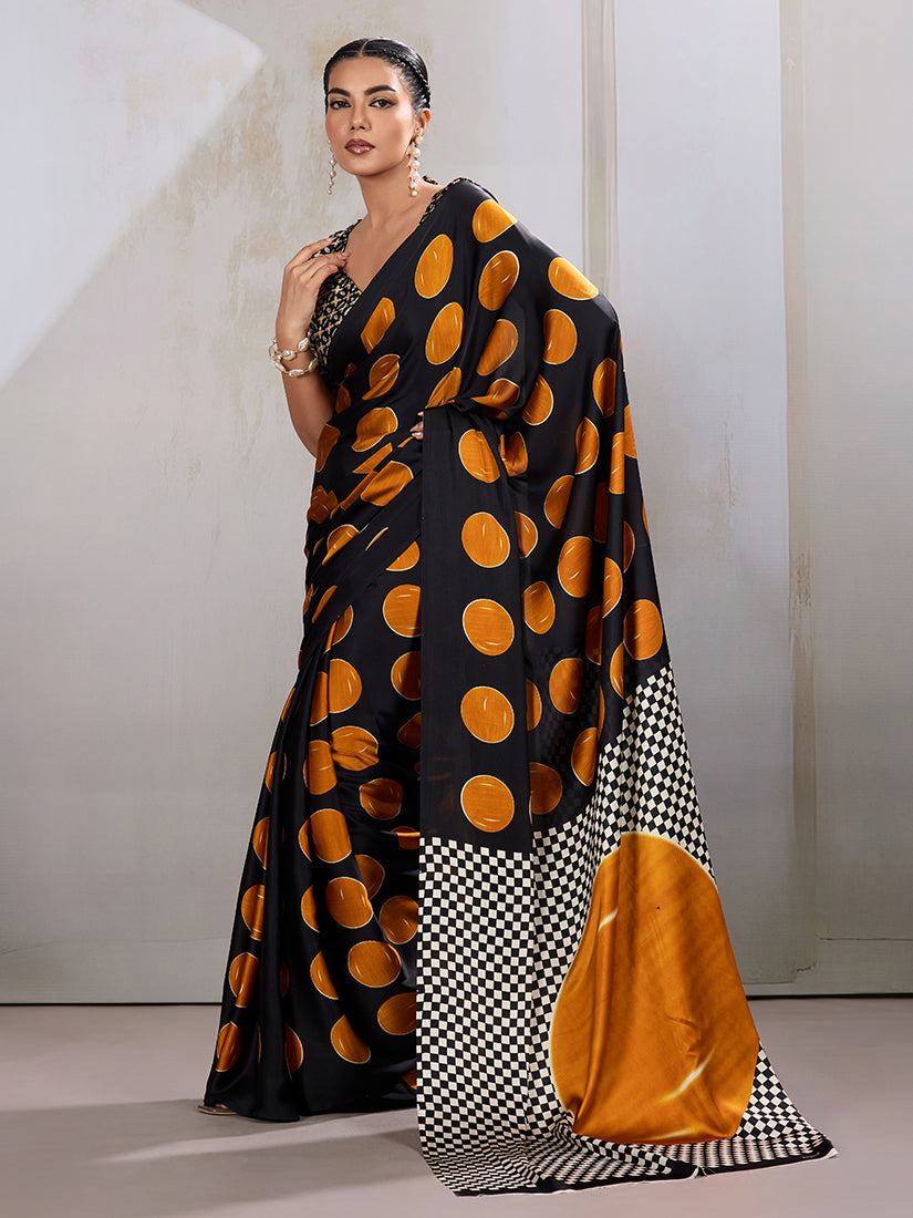 Monjolika Fashion Black & Orange Satin Printed Saree | Grocsy